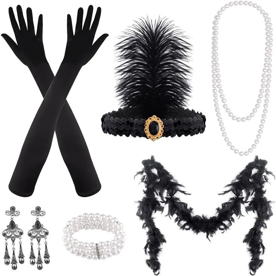 FEPITO Women's Vintage Style 1920s Great Gatsby Costumes Accessory Set - Elegant Flapper Headpiece Headband, Formal Styling Supplies for Gifting, Party Hats & Masks