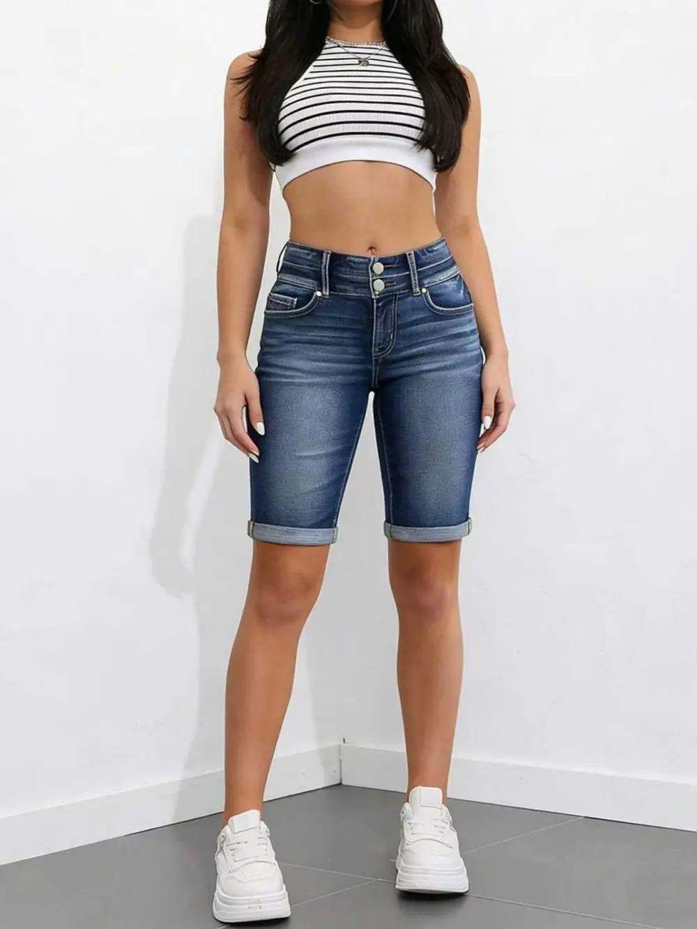 Women's High-Waisted 3-Button Slim Fit Rolled Hem Sports Denim Bermuda Shorts