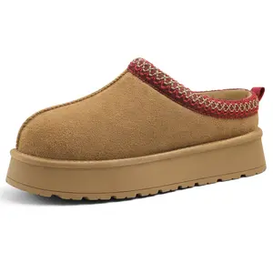 KIDMI Genuine Suede Fuzzy Slippers for Women Classic Braided Mini Boots Winter Warm House Shoes Indoor Outdoor Slip On Fuzzly Slippers with Fluffy Fur Lining Short Ankle Boots