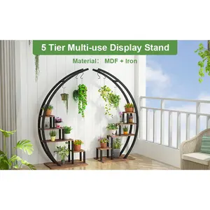 Garvee Set of 2 Tall 5 Tier Metal Plant Stands - Black Half Moon Ladder Shelf with 6 Hooks, Modern Multi-Tier Display for Large Flower Pots, Indoor & Outdoor Patio, Balcony, Garden, Living Room