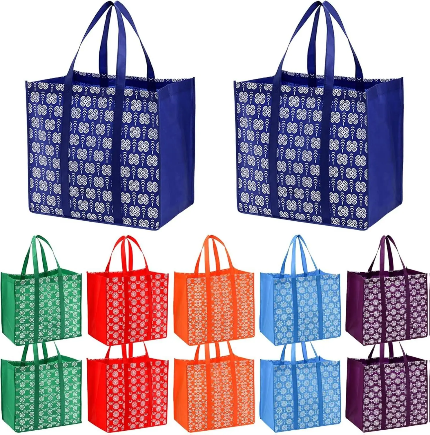 [New Deal] - 12 Pack Reusable Grocery Bags, Large Foldable Shopping Tote Bags with Long Handles Heavy Duty Reusable Bags for Shopping Groceries Clothes - 6 Assorted Colors