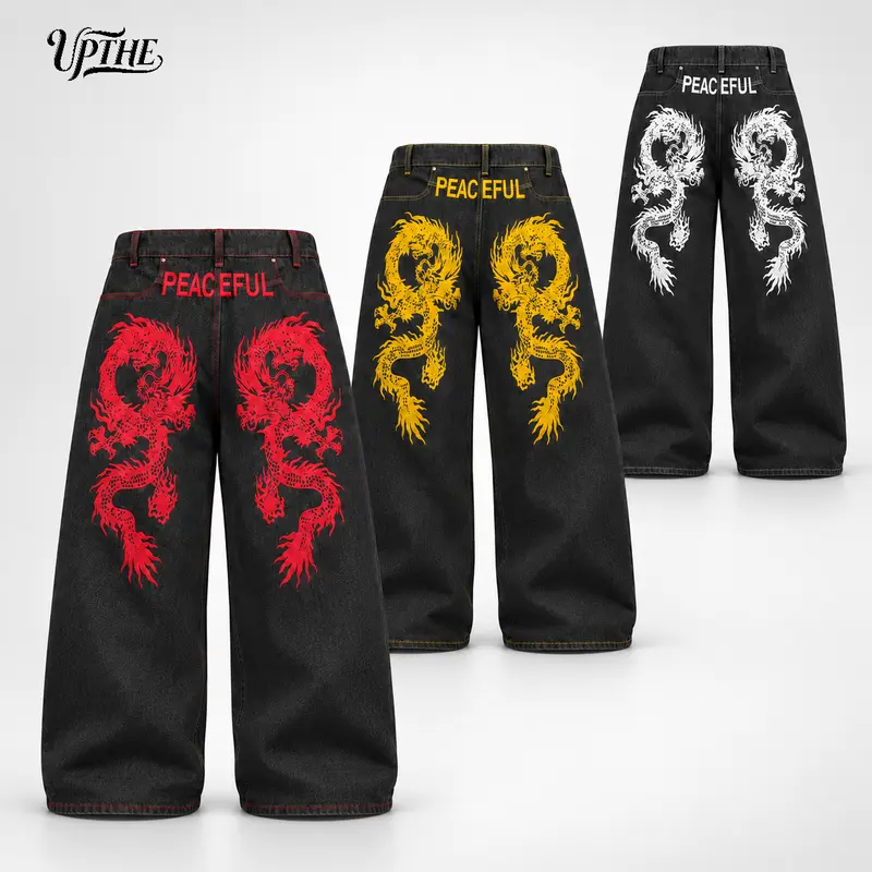 UP THE Men’s Vintage Rock Button Back Dragon Embroidery New Year Baggy Jeans - Extreme Wide Leg Flared Denim Pants, Loose Fit Casual Street Style for Work & Travel