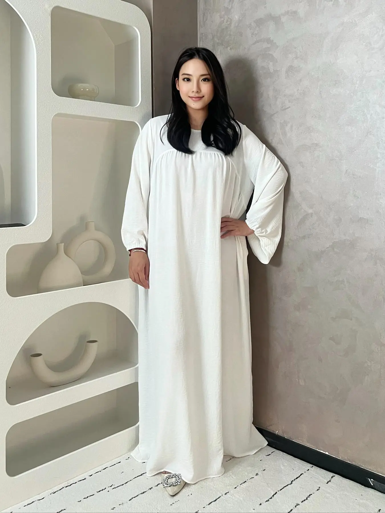 Arabic Clothing-Solid Bishop Sleeve Round Neck Dress, Summer Outfits 2024, Casual Long Sleeve Long Dress for Women, Women's Islamic Clothing for Sprin