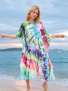 Boho Tie-Dye Beach Cover-Up, Bikini Swimsuit Outerwear, Summer Vacation Style, Split Design Sand Dress, Women's Fashion Top