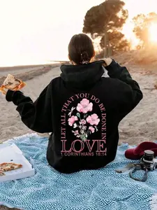 Let All That You Do Be Done In Love Floral Christian Hoodie, 270G Brushed Fleece 1 Corinthians 16:14 Pink Wildflower Arch Graphic Black Hooded Sweatshirt, Cottagecore Religious Casual Pullover For Women