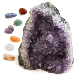 Large Amethyst Geode (2 lb to 3 lb) + 7 Chakras Crystal Healing Stones Set (Sodalite, Rock Crystal, Amethyst, Citrine, Carnelian, Red Jasper, Green Quartz), Palo Santo Stick, And Fabric Bag