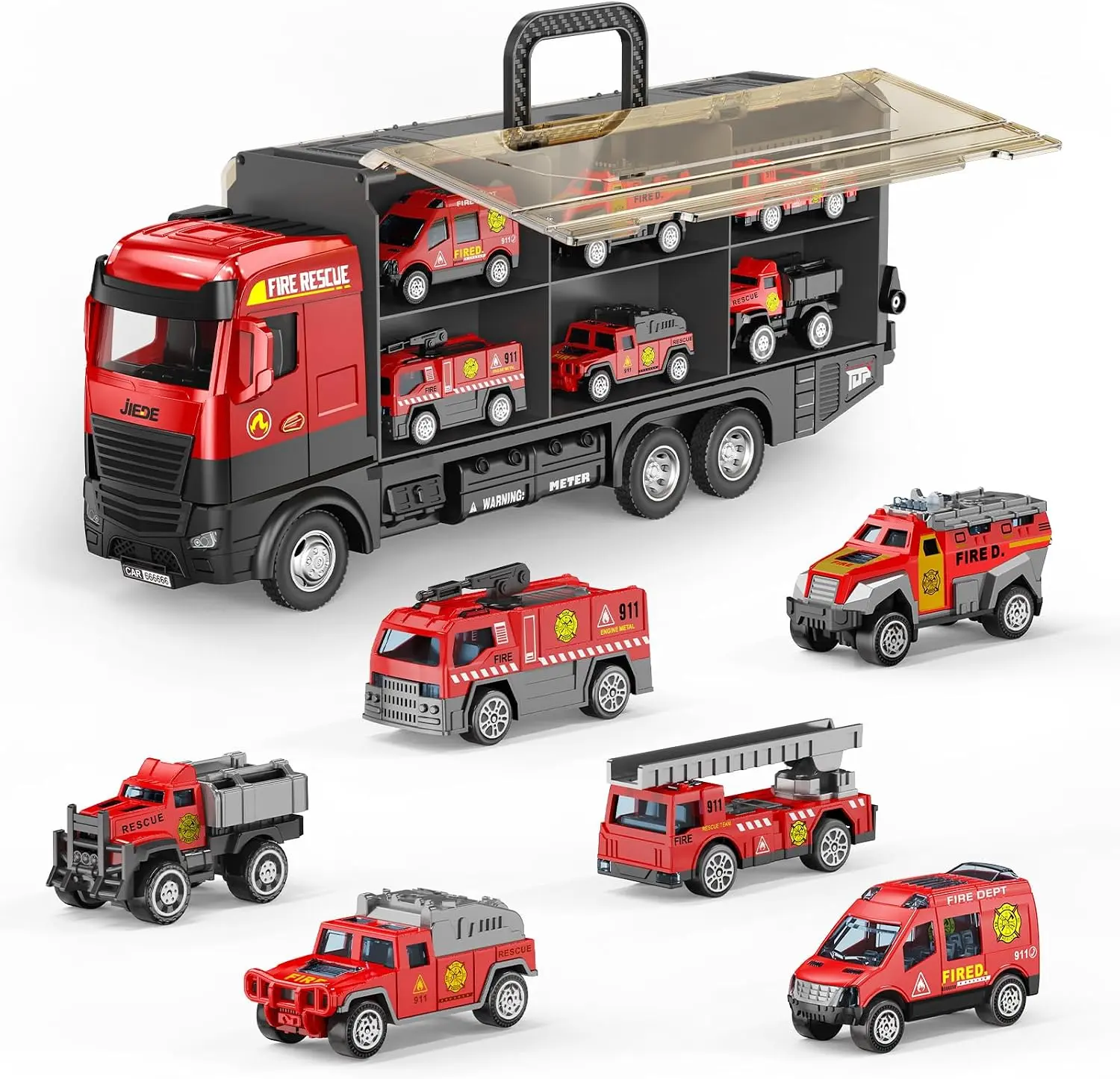 Fire Truck Toy Set,6-in-1 Friction Powered Fire Carrier Vehicles, Birthday Gifts for Toddler Boys Girls Ages 3-10