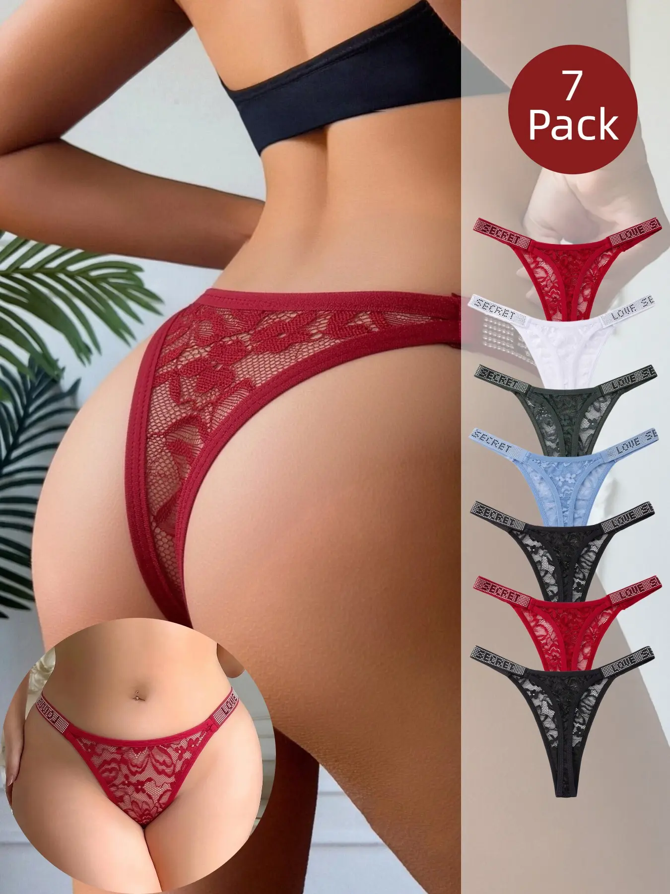 Women's Lace Thong Panties, Letter Rhinestone Waistband, Hollow Out Sexy Underwear, Soft Breathable Daily Wear, 7 Pcs Set, All Seasons, Womenswear, Breathable Lightweight Undies