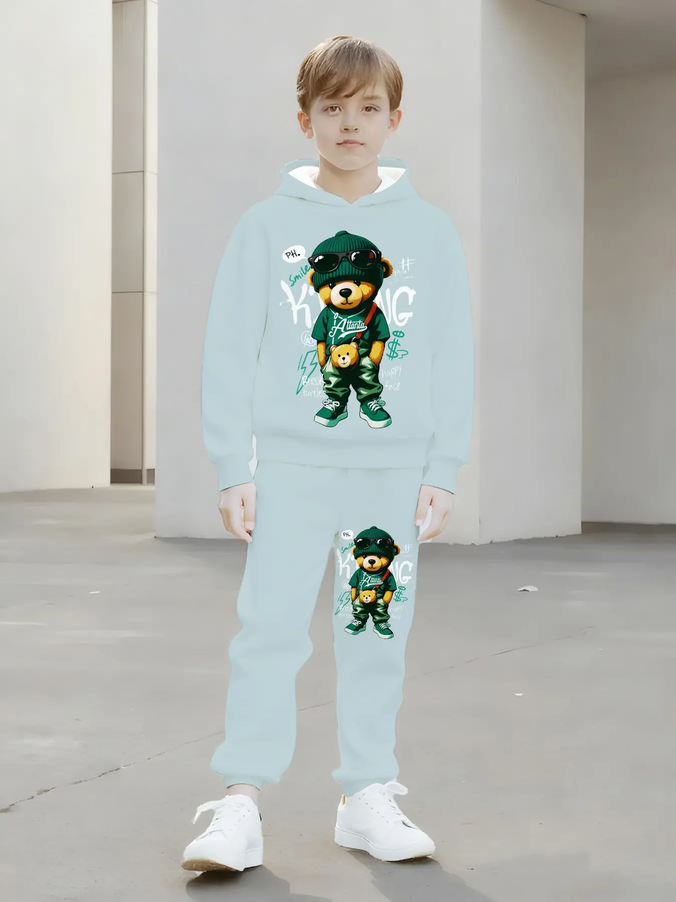 Hooded Sweatshirt Set, Soft Light Mint Bear Print, Casual Streetwear, Fitted, All Seasons, Comfortable and Trendy, Hoodie Set