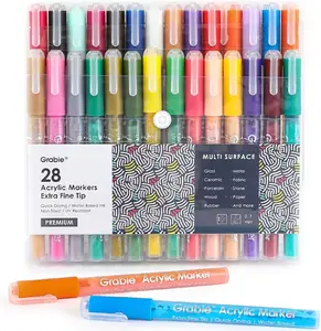 Grabie Acrylic Paint Pens - 28 Color Extra Fine Tip Markers for Painting Various Surfaces - Premium Art Supply Set