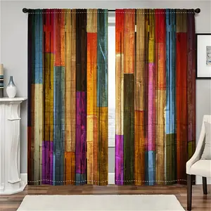 2 Piece Colorful Wood Board Print Curtains, Fashionable Rod Pocket Window Drapes for Bedroom and Living Room, Easy Installation, Home Decoration Curtain