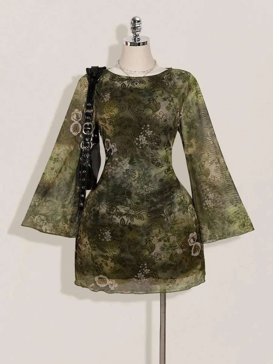 ONYX x  ICON Plus Size Women Dresses Fall, Women Long Sleeve Dresses, Y2k Vintage Paisley Mesh Bell Sleeve Sexy Festival Dress For Daily