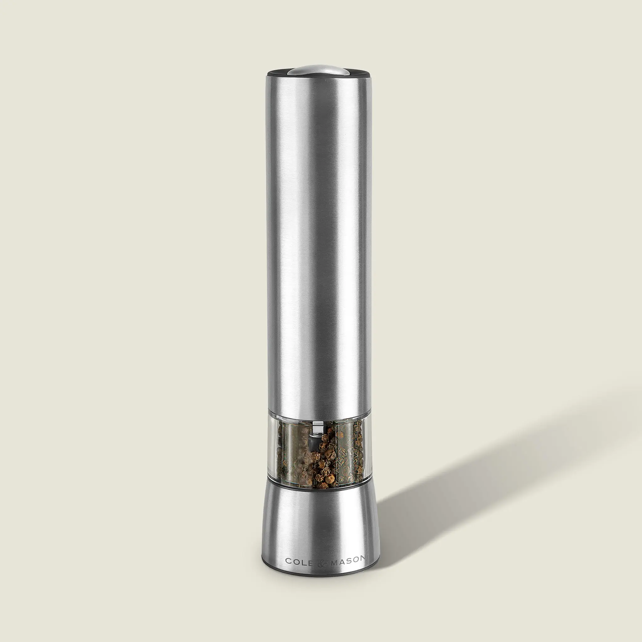 Cole & Mason Hampstead Precision+ Electronic Pepper Mill - Stainless Steel Kitchen Gadget, Smooth Grind Settings, LED Light, Battery-Operated Button Operation, Carbon Steel Cooking Seasoning Prep Utensil