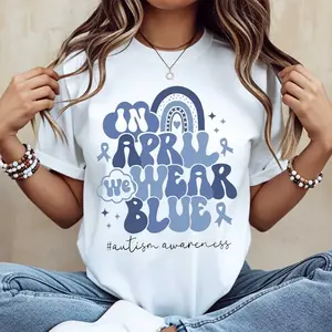 April We Wear Blue Autism Awareness Ribbon Rainbow Print T Shirt Casual Short Sleeve Tee For Women And Girls Perfect For Autism Awareness Month Events And Daily Wear
