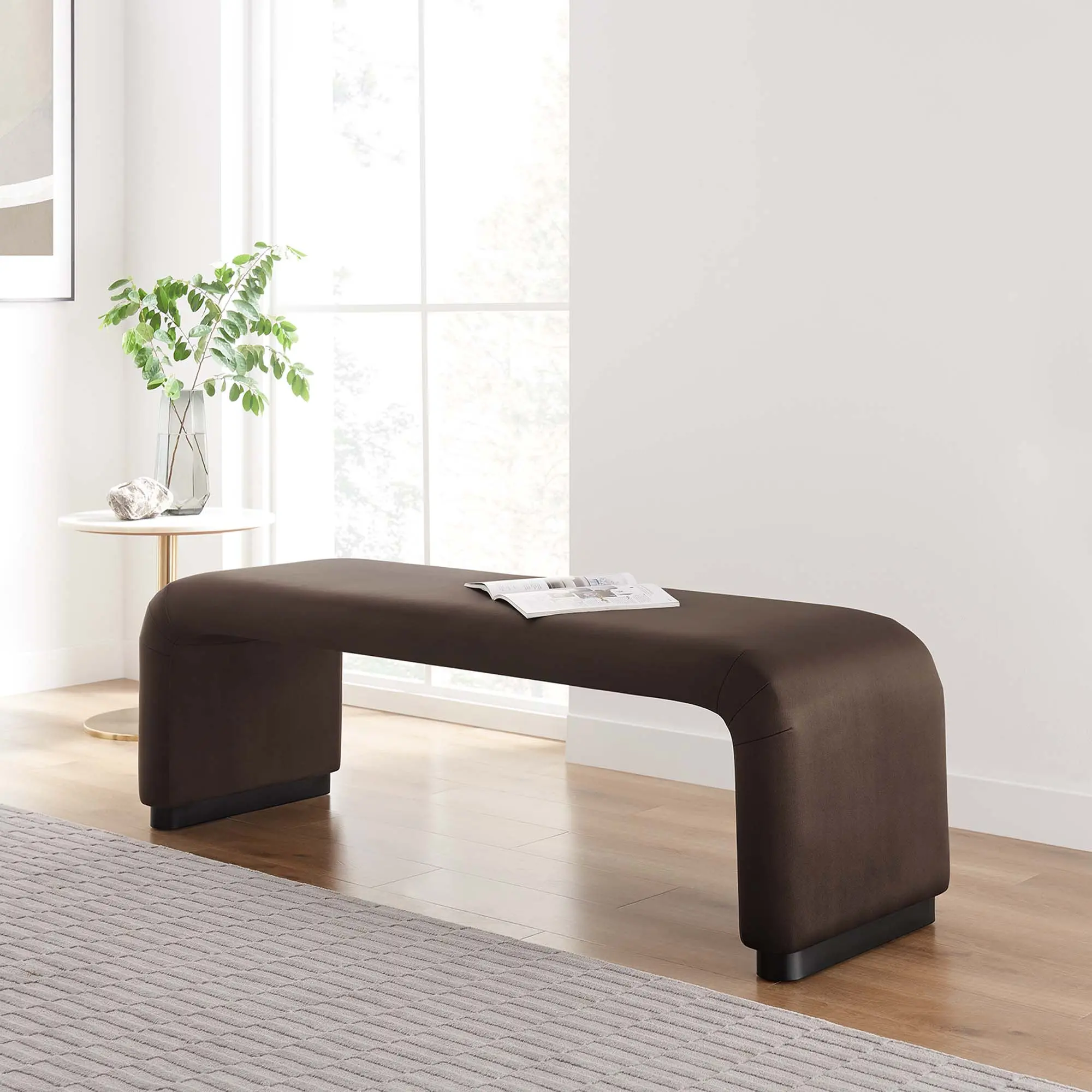 Modway Koda Contemporary Performance Velvet Waterfall Long Bench - Black Chocolate Brown, Dense Foam Padding, Plywood Frame, Adjustable Foot Caps, 662 lbs Weight Capacity, Entryway-Hallway-Living Room Indoor Furniture, Metal Base, Assembly Required, Livin