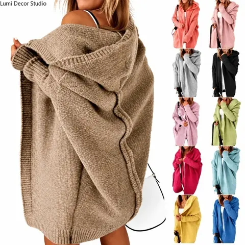 Women's Hooded Knit Cardigan Sweater, Open Front Long Sleeve Color Block Outerwear for Fall, Casual Layering, Travel and Daily Wear
