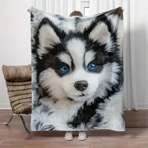 Cute husky puppy print design, luxurious flannel blanket, 280gsm fabric, suitable for home, bedroom, sofa, travel, home, high-end gift, ideal gift!