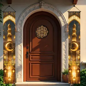 2D Door Banner Set, Ramadan Kareem Door Banner, Polyester Fiber Hanging Couplet, Moon and Lantern Design, Home Decor