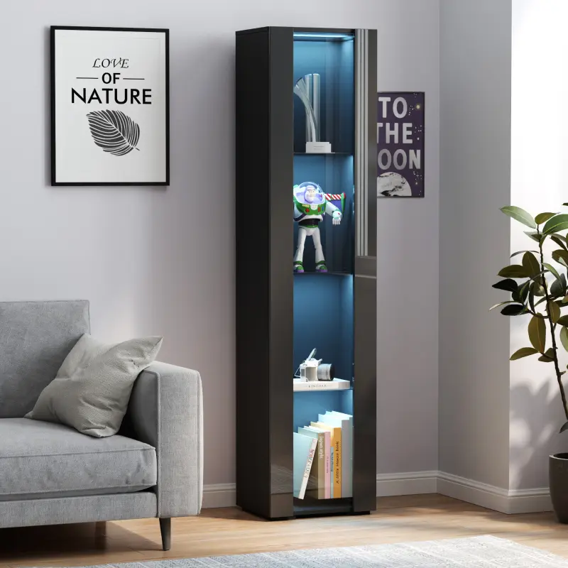 Tall Slim Lighted Curio Home Storage Sideboard Cabinet - Modern Black 3-Tier Unit with LED Lighting, 15.75x11.42x66.93 Inches Sturdy Organizer for Living Room, Bedroom
