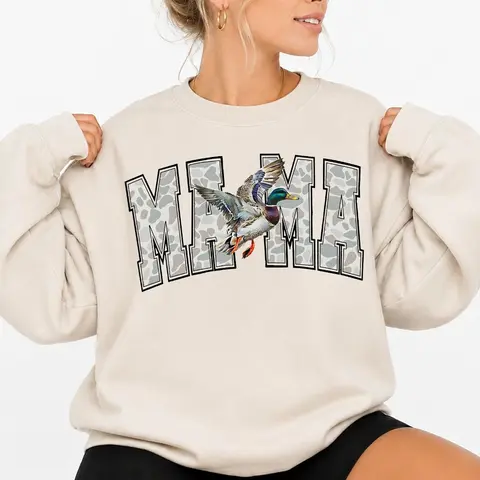 Mallard Duck Camo Mama Women's Pullover Sweatshirt, Camo Mallard Hunting Wife Shirt, Classic Fit Soft Cotton Blend Fabric with Stretch Rib, Spandex, Fitted, Tops, Crew Neck, Round Neck, Casual, Outdoors