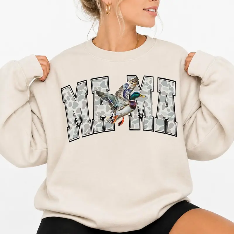 Mallard Duck Camo Mama Women's Pullover Sweatshirt, Camo Mallard Hunting Wife Shirt, Classic Fit Soft Cotton Blend Fabric with Stretch Rib, Spandex, Fitted, Tops, Crew Neck, Round Neck, Casual, Outdoors
