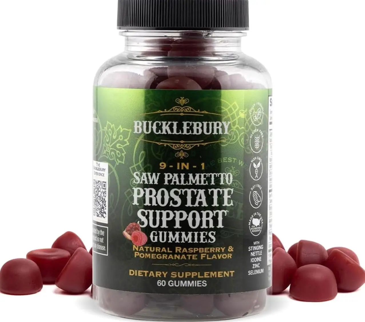 BUCKLEBURY 9-in-1 Natural Saw Palmetto Gummies with Raspberry & Pomegranate Flavor - Plant-Based Prostate Support Supplements for Mens Bladder Health, Hair Growth & Urinary Support - 60 Gummies