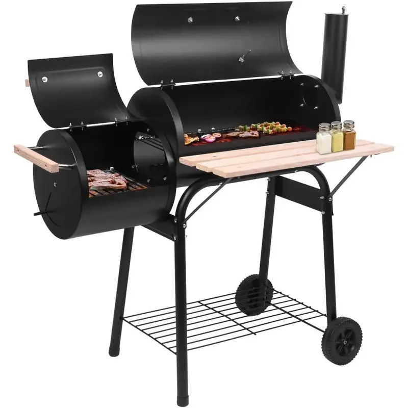 Rovsun Portable Charcoal Barbecue Grill - Modern Offset Smoker, 24"x12" Bake Space, Chimney Heat Control, Lid Temp Readout, Roll-Out Wheels, Tray for Camping, Party Use (Portable BBQs for Cooking BBQ Camping)