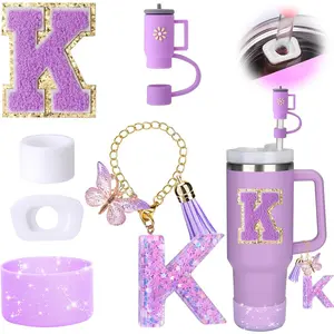 6PCS Cup Accessories Set for Stanley Cup 30oz 40oz tumbler with handle, Including Silicone Straw Topper Cover Cap and Boot, Spill Proof Stopper, Handle Charm, Initials Sticker (Letter K)