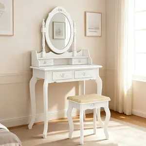 Modern Concise 4-Drawer Dressing Table with 360° Rotation Removable Mirror & Stool, White Vanity Makeup Desk Set, Multi-Functional as Vanity or Writing Table