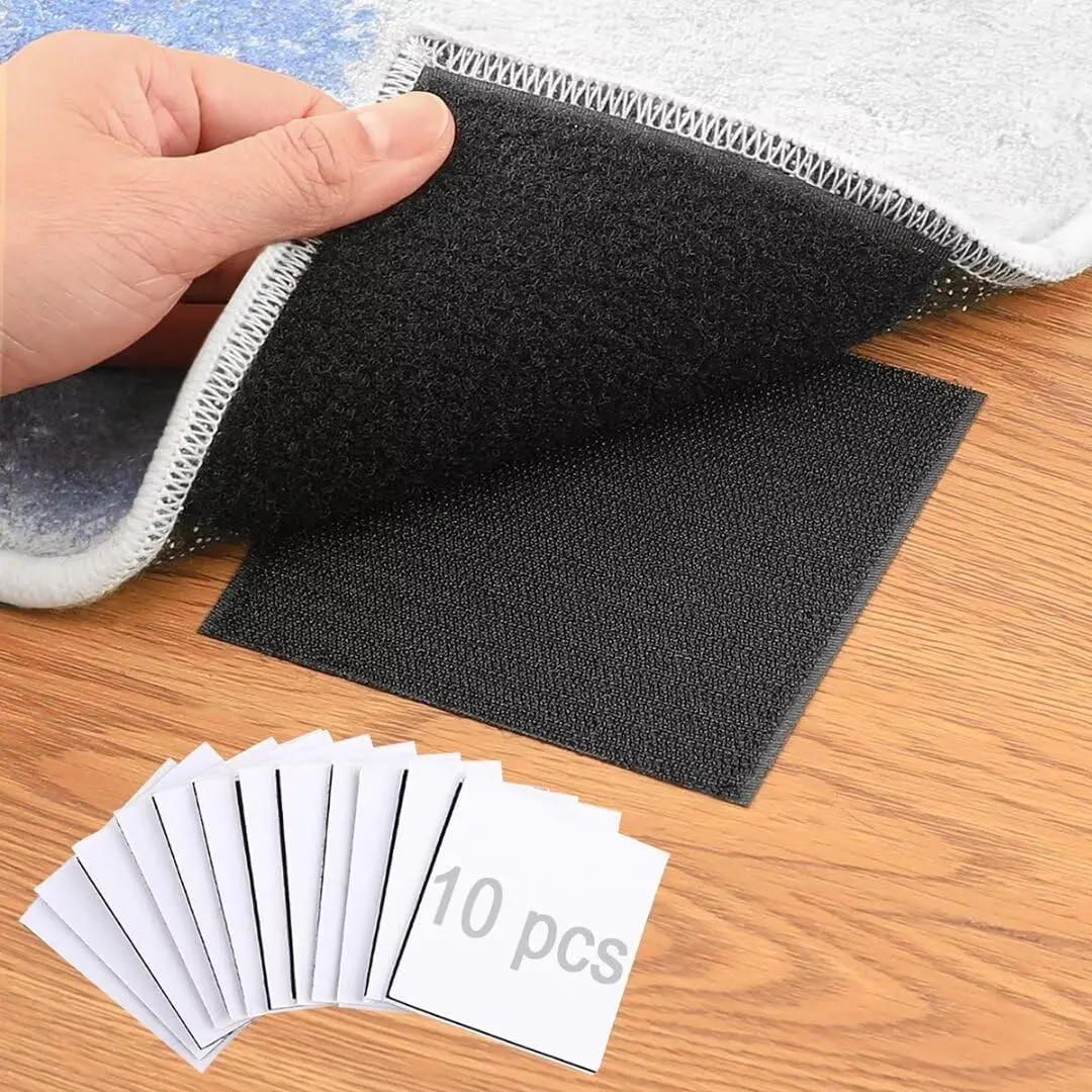 Non-Slip Nylon Hook-and-Loop Tape Pads, 4x4 in Rug Security Grip Anti-Skid Stickers for Multiple Rugs & Room Decor (10 Black Pieces)