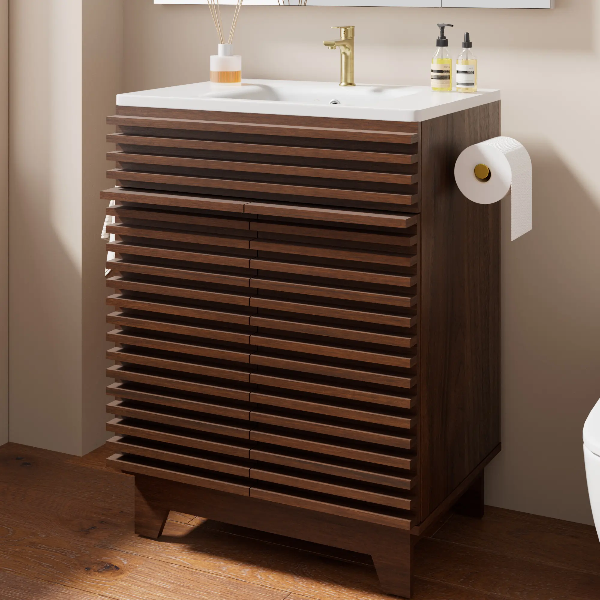 24 Inch Bathroom Vanity with Ceramic Sink - Freestanding Storage Cabinet with Fluted Design, Soft-Close Doors and Shelves, Compact Modern Storage for Small Bathrooms/Powder Rooms, Walnut