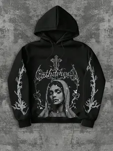 Gothic Virgin Mary Pixel Hoodie Sweatshirt, Silver Color Cross, Thorn Sleeves, Catharsis Metal Font, Soft Fabric, Y2K Grunge Style, Long Sleeve, Everyday