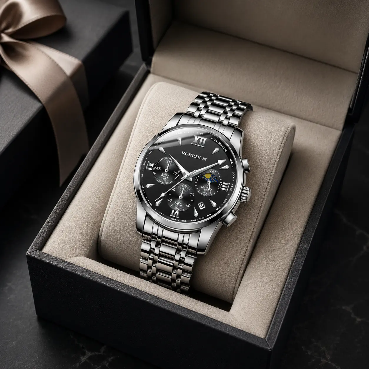 Men's Business Dress Watch, Stainless Steel Analog Quartz Chronograph with a Multi-Function Display, Calendar, and Night Vision, Analog Quartz Watches, High Quality Watches