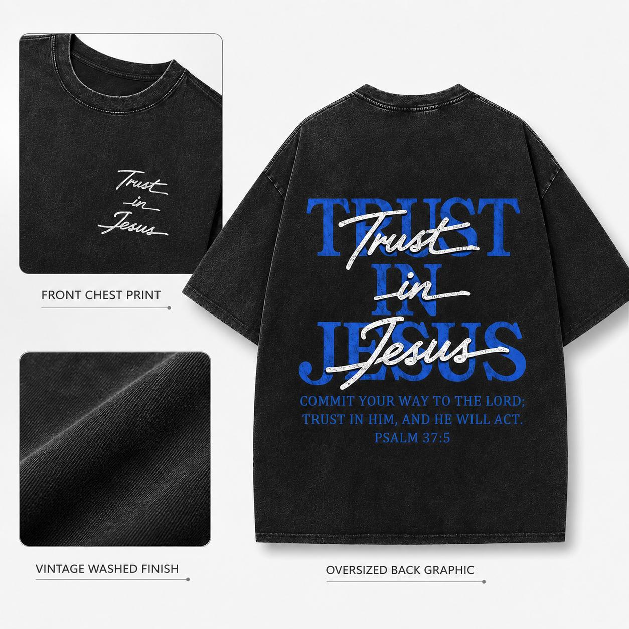 Women's Unisex 'Trust in Jesus' Faith Message Short-Sleeve Graphic Tee, Vintage Washed Oversized Cut Casual Tee Shirt, Classic Crew Neck, Dropped Shoulder, Front/Back Print, Streetwear Vibe Top