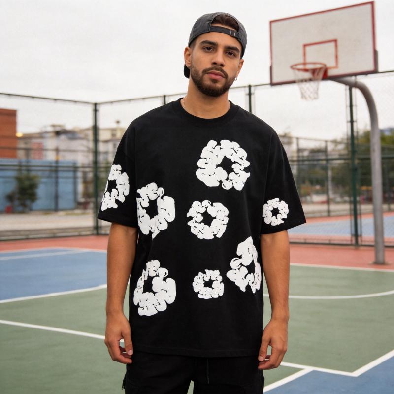 Denim Tears Kapok Foam Print Men's & Women's Short Sleeve Top, American High Street Loose Shorts | Brand New 3D Cotton Wreath Print Shorts | Floral Pattern Drawstring High-Waist Casual Pocket Shorts