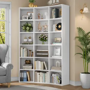 71" Modern Corner Bookcase, Curved Triple-Width 6-Tier Shelf with Storage Cabinet, 18 Open Display Shelves, Floor-Standing Indoor Furniture for Living Room, White, Modern Corner Bookshelf
