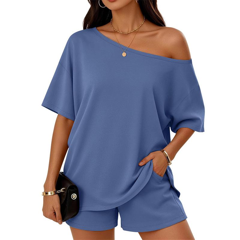 Women's 2 Piece Outfits Summer Casual Lounge Sets Off The Shoulder Tops and Shorts Sweatsuits Tracksuits with Pockets