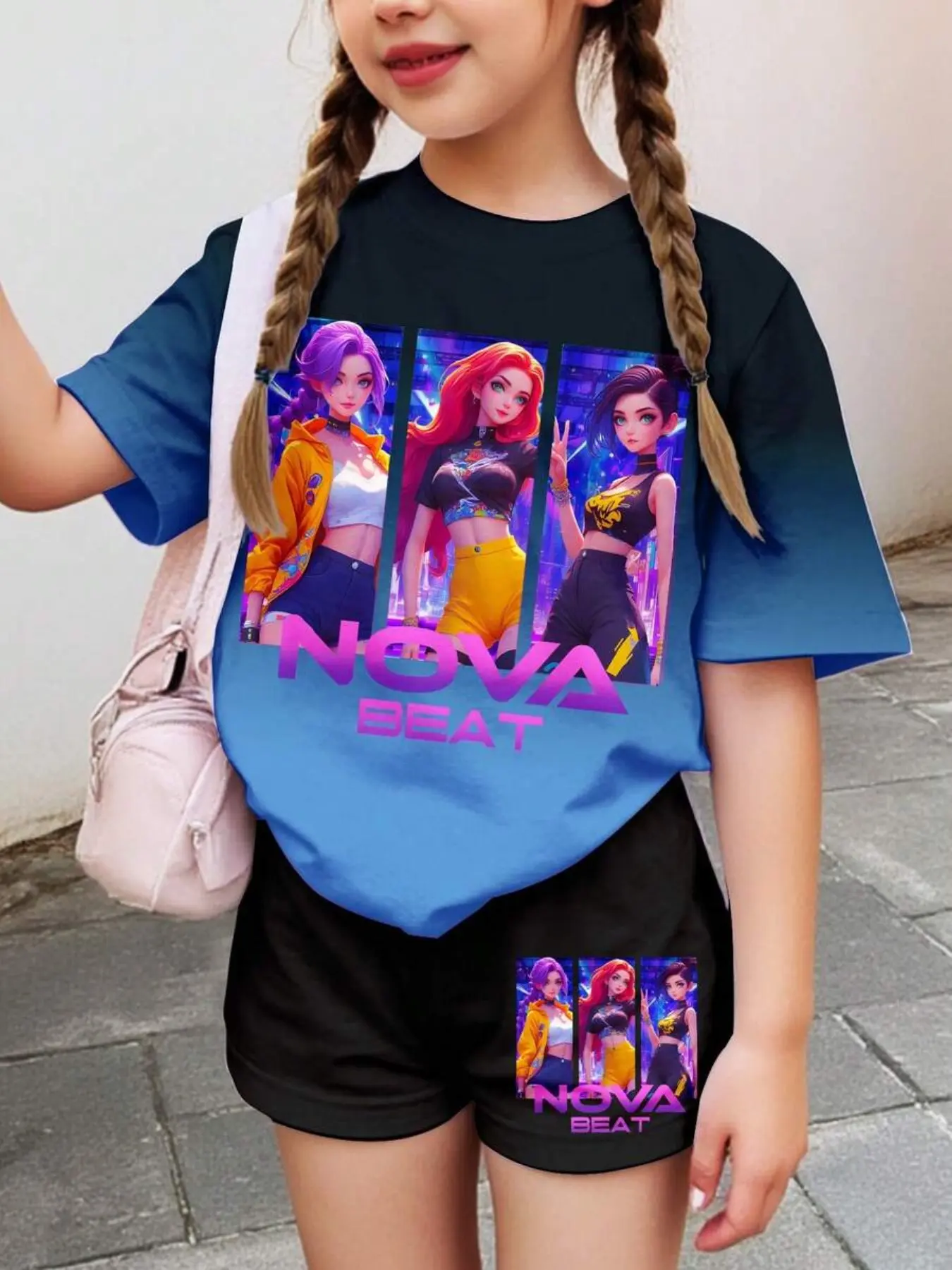Two-Piece Gradient Korean Cartoon Girl Style Casual Simple Short Sleeve Top Shorts Set, Summer Wear, Cute Summer, Kids Fashion, Graphic Print Set, Summer Clothes Set, Fashion Style Sets