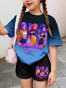 Two-Piece Gradient Korean Cartoon Girl Style Casual Simple Short Sleeve Top Shorts Set, Summer Wear, Cute Summer, Kids Fashion