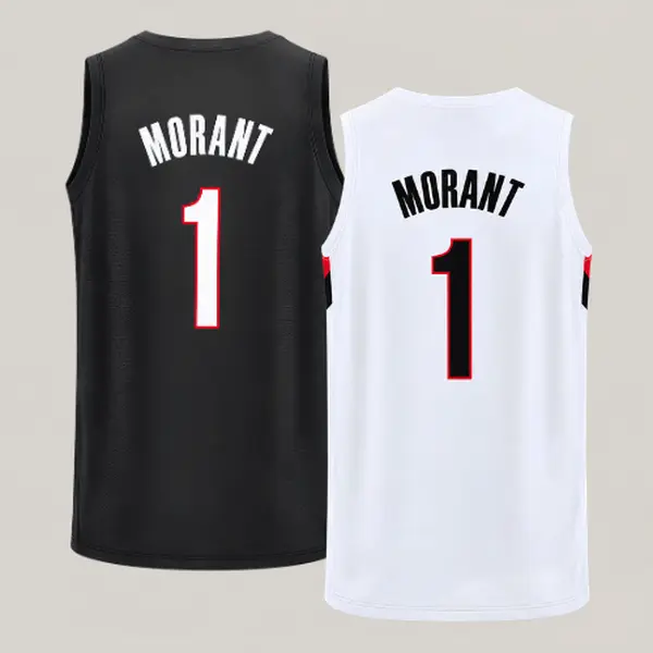 Black n White Morant #1 Basketball Jersey, Full Printed Logo Black White Sleeveless Mesh Tank Top, Retro Basketball Fan Streetwear Sports Gift