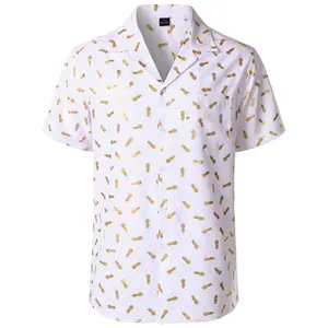 ZEROYAA Men's Stylish Print Cuban Shirt Short Sleeve Button Down Relaxed Fit Shirts Beach Hawaiian Vacation Tops Fabric Shortsleeve Polyester Elastic Breathable Whitegold