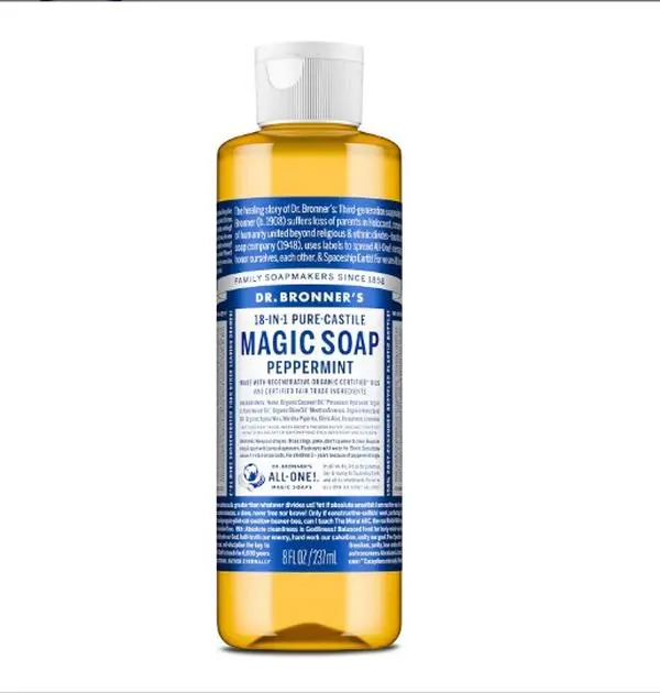 Pure-Castile Magic Liquid Soap (Peppermint, 8 Ounce)- Made with Organic Oils, 18-in1 Uses: Face, Hair, Hand & Body Soap, Laundry, Pets- Concentrated, Vegan, Non-GMO