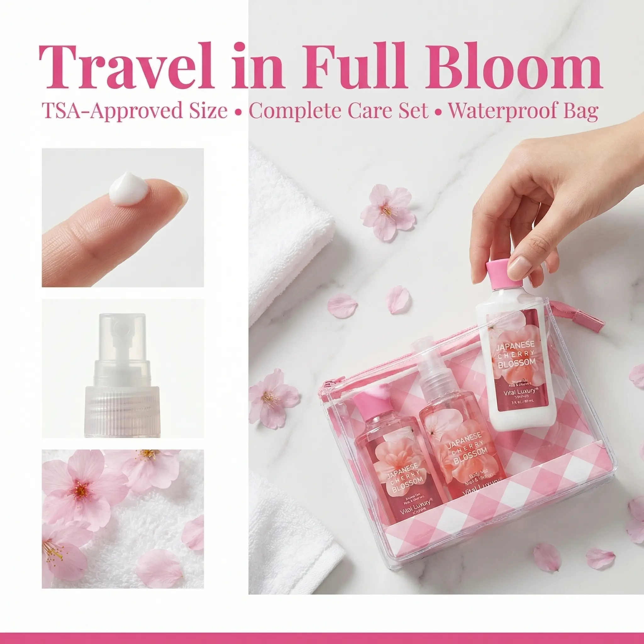 Vital Luxury Japanese Sakura Bath & Body Travel Set – 3oz Shower