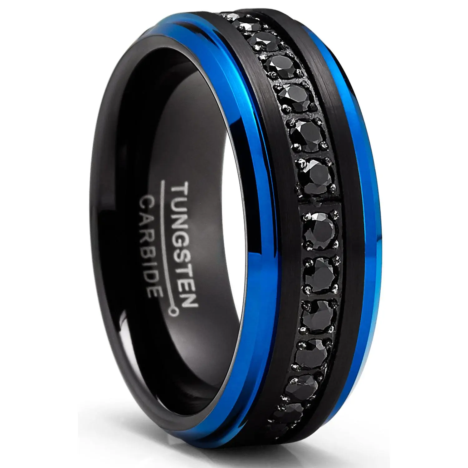 Men Tungsten Two-Tone Wedding Band Black Blue Eternity Ring CZ Comfort-Fit 8MM