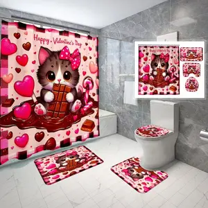 1/4pcs Valentine's Day Cat Chocolate Pattern Shower Curtain Set, Includes Toilet Seat Cover, Rug, U-Shaped Mat, Perfect Bathroom Decor, Bathroom Decoration Accessories, 12 Hooks Included