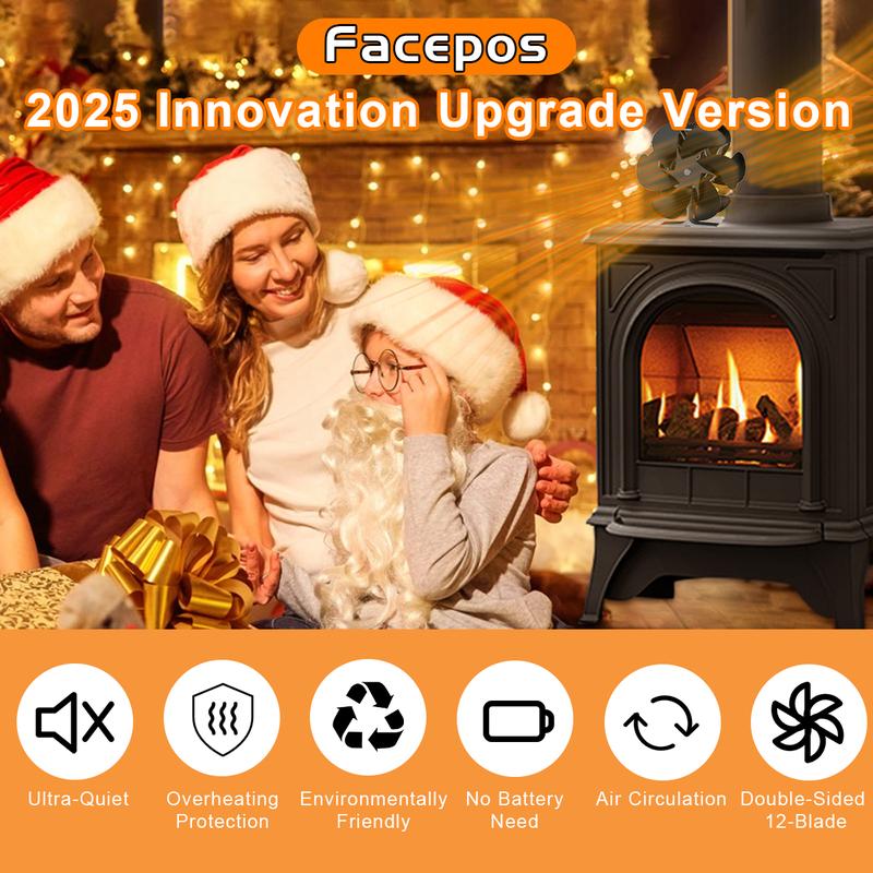 Facepos 2025 Dual-Sided 12-Blade Heat Powered Wood Stove Fan – Upgraded Fireplace Fan for Buddy Heater and Airflow Circulation Facepos 2025 Dual-Sided 12-Blade Heat Powered Wood Stove Fan – Upgraded Fireplace Fan for Buddy Heater and Airflow Circulation