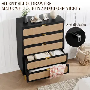 Modern Rattan 5-Drawer Storage Cabinet – Sturdy Wooden Chest with Spacious Drawers & Oversized Top – Versatile Dresser for Hallway, Bedroom, Living Room, Nursery and Closet – Natural & White Finish