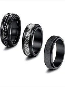 3Pcs Black Stainless Steel Fidget Rings Set Fashion Stackable Rings for Men Women Celtic Dragon Pattern Beveled Edges Stress Relieving Cool Spinner Rings Wedding Promise Band Rings Set