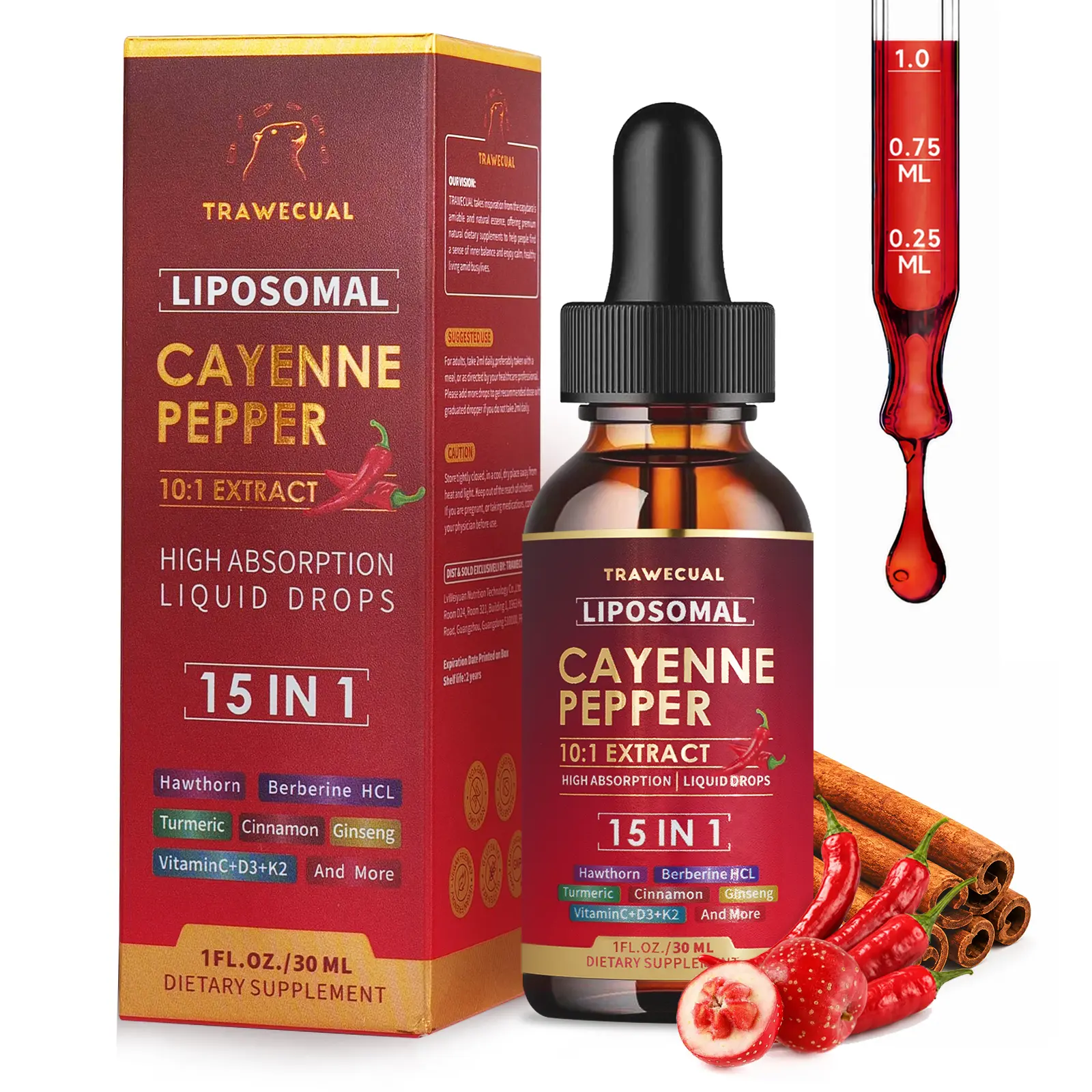 Liposomal 15‑in‑1 Cayenne Pepper 10:1 Extract Drops | Berberine, D3 K2, Ginseng & Glutathione | Support Metabolism, Blood Flow & All‑Day Energy, Non‑GMO 2 Fl Oz Supplement