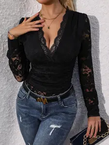 Women's Autumn Lace Patchwork Bodycon Jumpsuit, V Neck Solid Color One-Piece, Elegant Bohemian Tight-Fitting Summer Romper